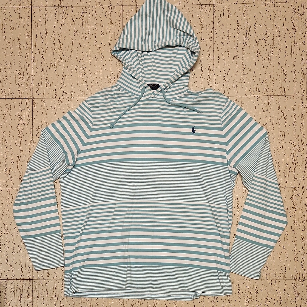 Polo Ralph Lauren Stripe Long Sleeve Pullover Jersey Hoodie Shirt Blue And White